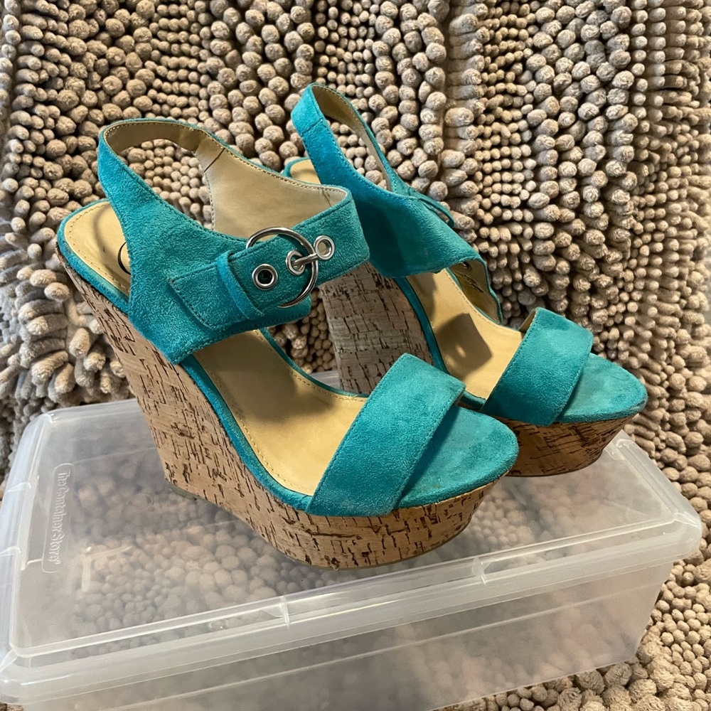 Teal size 5 wedge heeled sandals, 5 inch heel